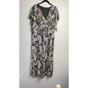 Courtenay Womens 20W Paisley Maxi Dress Black Purple Green V-Neck Flutter Sleeve